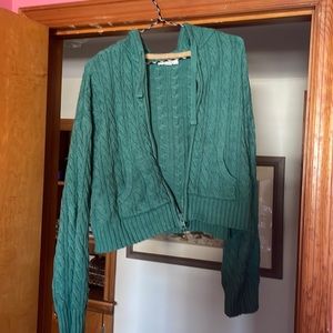 green cable knit zip up sweater